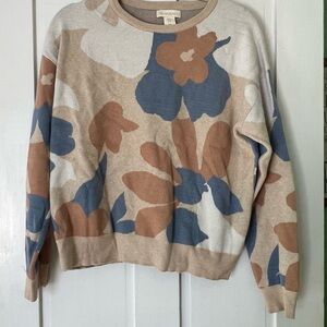 Cynthia Rowley Beige Crewneck Sweater with Blue and Brown Floral Jacquard